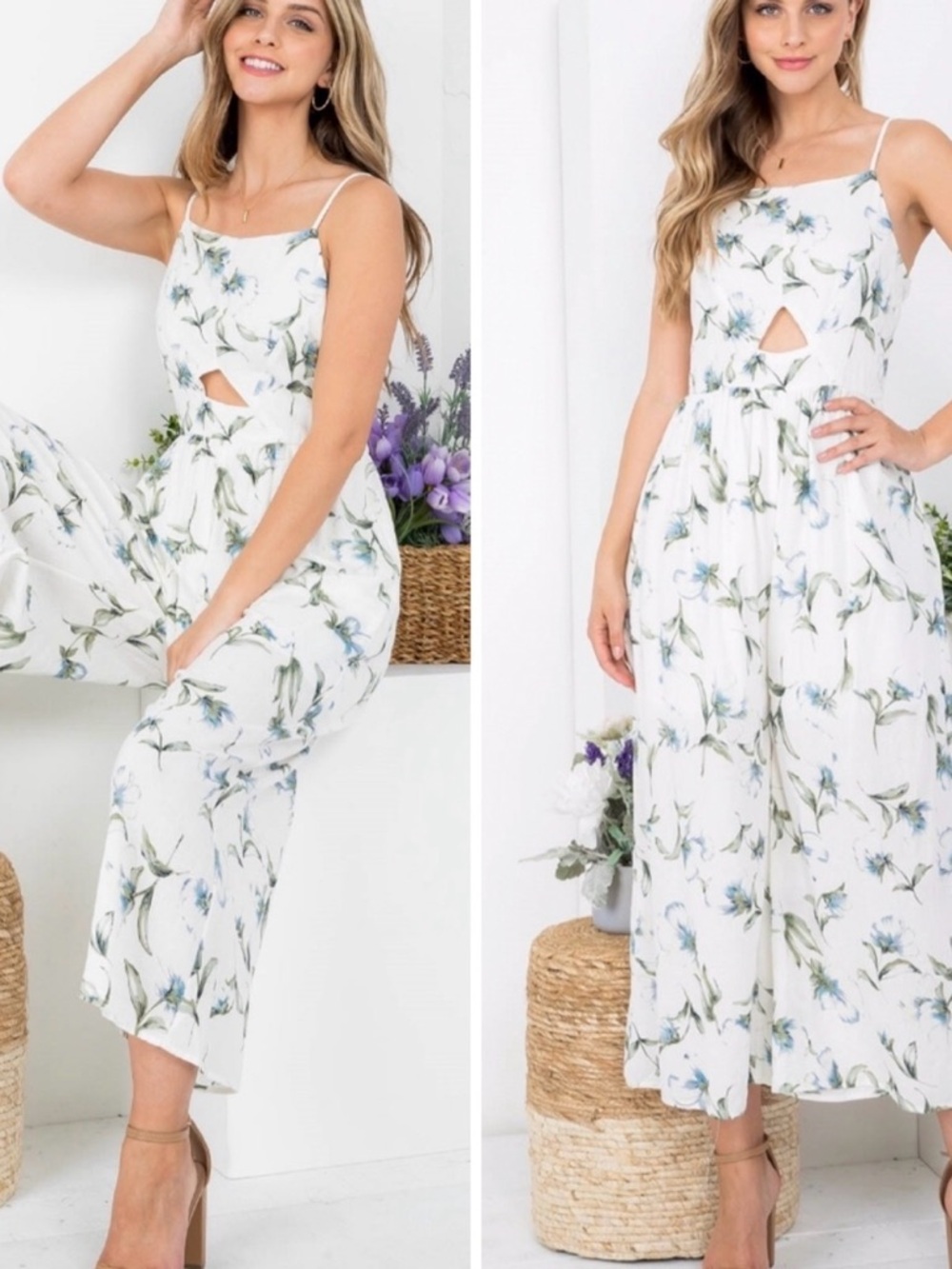 Doe & Rae White Floral Cutout Wide-Leg Jumpsuit